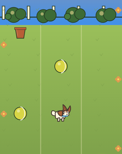Detail crop of a separate Treat Dash browser run, showing two tennis-ball hazards, a clay pot and the dog.